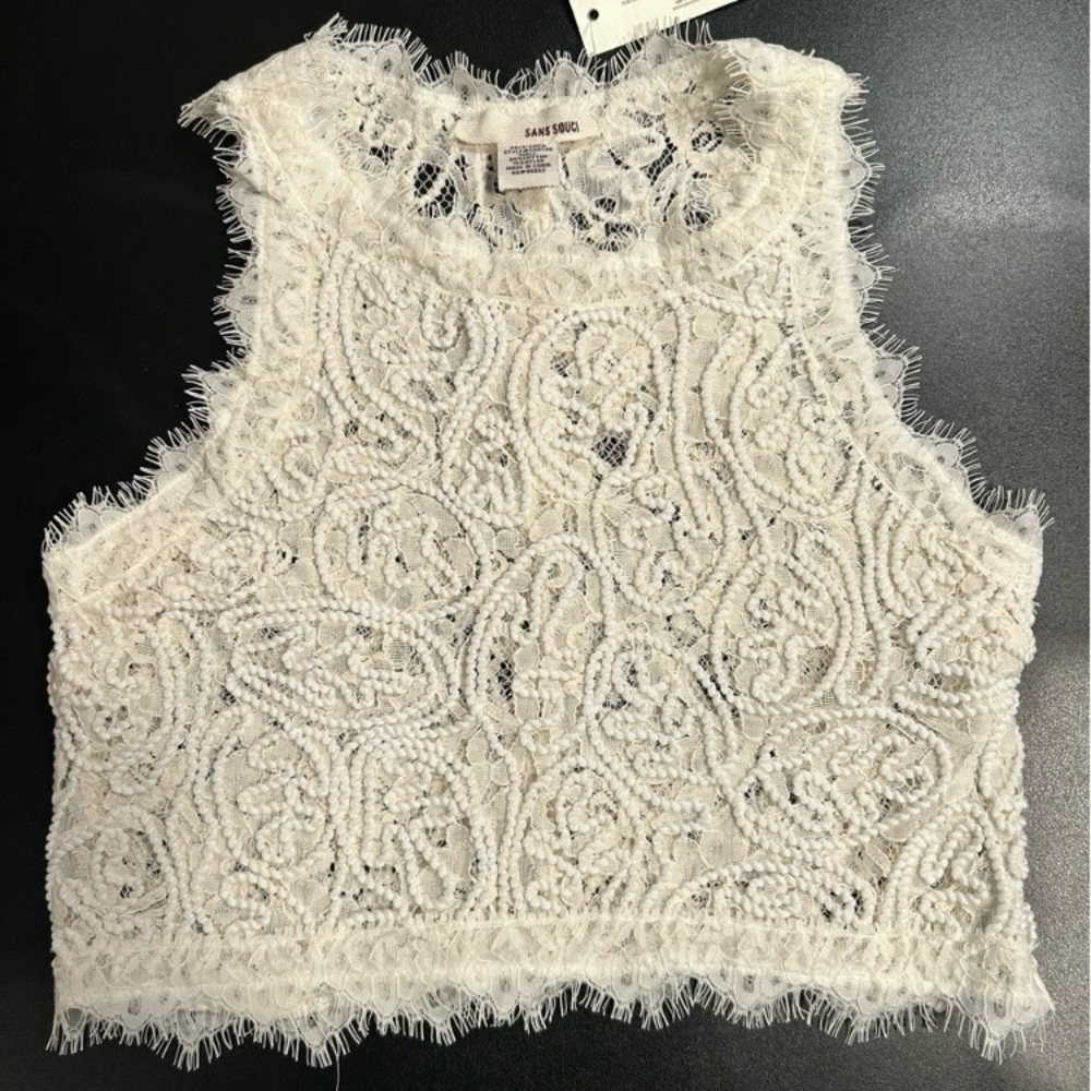 Sans Souci White lace Embellished Crop Tank Top